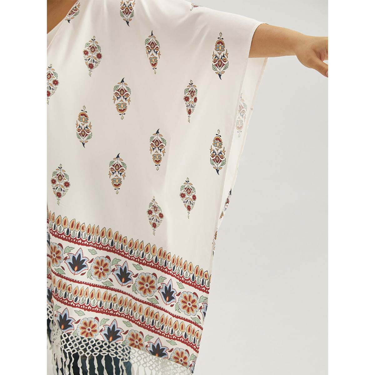 Plus Size Boho Print Asymmetrical Hem Tassel Trim Drape Kimono Women Ivory Casual Drape Loose Dailywear Kimonos BloomChic 30/6X Product Image