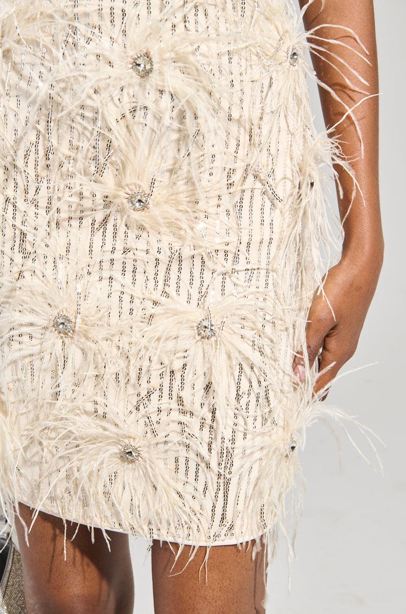 GLITZ AND GLAM FEATHER MINI DRESS Product Image