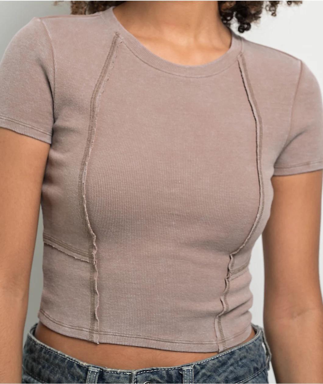 Ninth Hall Fundamentals Shawnie Taupe Seaming Crop T-Shirt Product Image