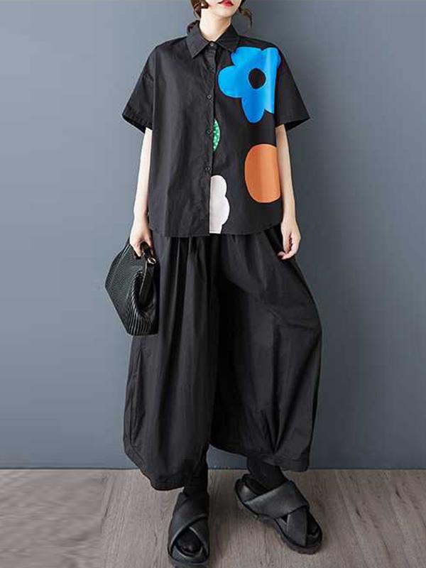 Loose Short Sleeves Buttoned Flower Print Lapel Blouses&Shirts Tops Product Image