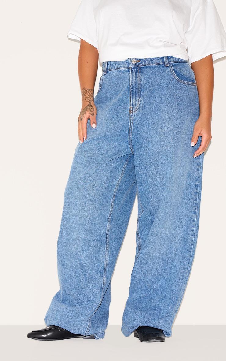 PRETTYLITTLETHING Plus Mid Blue Wash High Rise Boyfriend Jeans Product Image