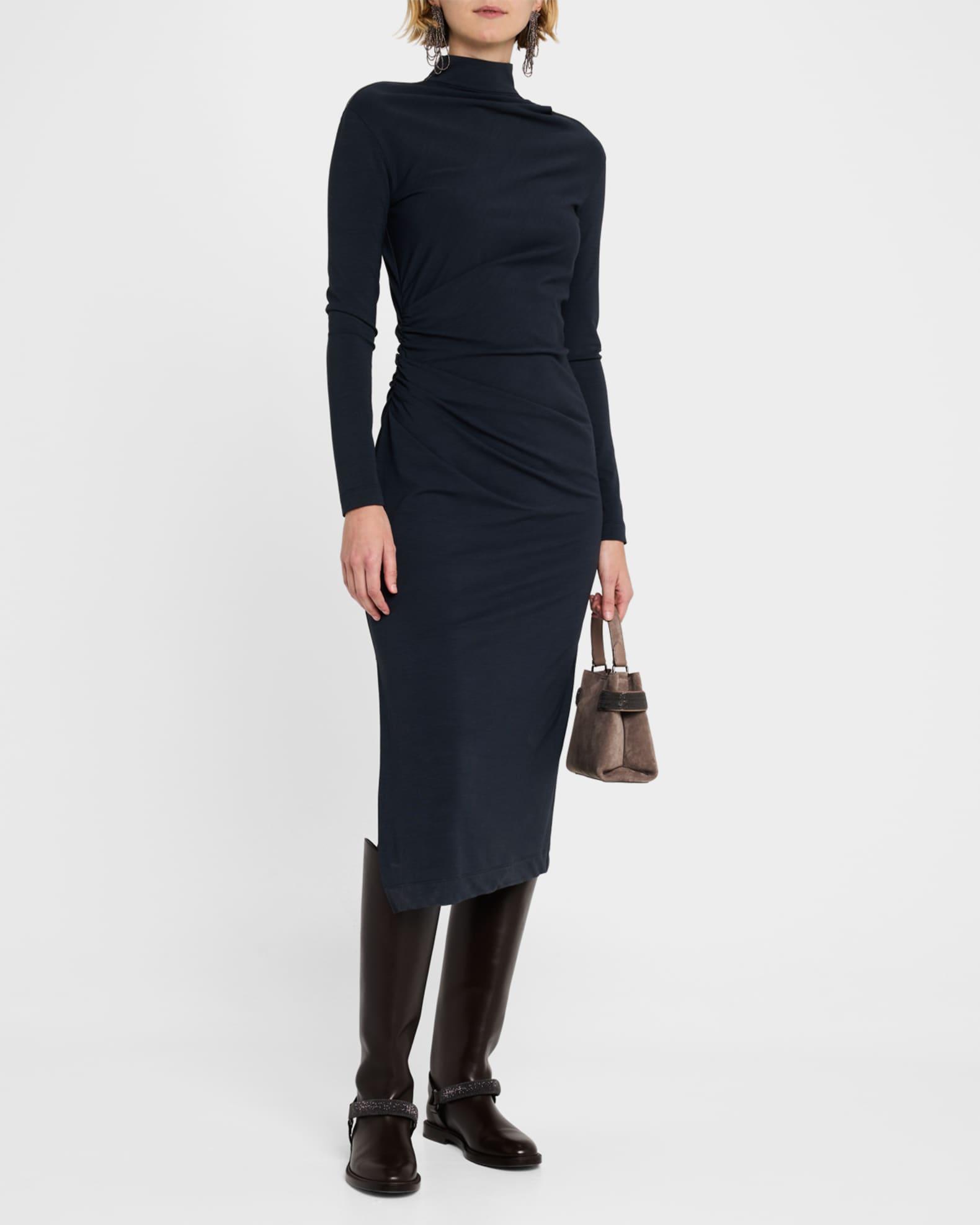 Synched-Waist Wool Jersey Long-Sleeve Midi Dress Product Image