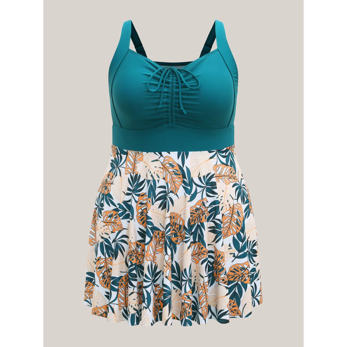 Plus Size Tropical Print Adjustable Drawstring Swim Dress Women's Swimwear Cyan Resort Bodycon Heart neckline High stretch Curve Swim Dresses BloomChic 18-20/2X Product Image