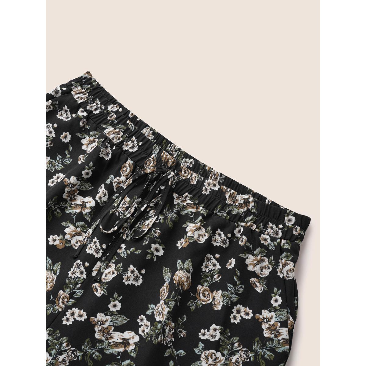 Plus Size Ditsy Floral Ties Split Hem Wide Leg Pants Women BlackFlower Boho Wide Leg High Rise Vacation Pants BloomChic 26/4X Product Image