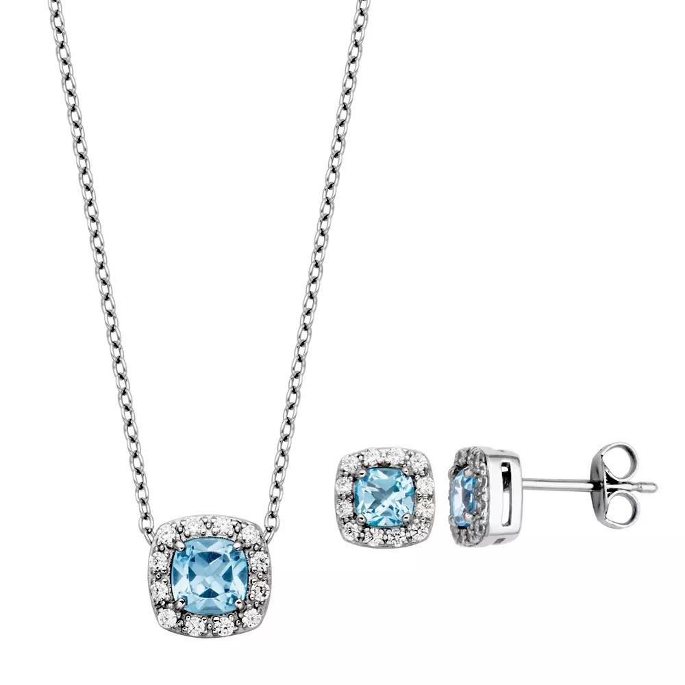 Sterling Silver Black Topaz & Cubic Zirconia Cushion Halo Pendant Necklace & Stud Earrings Set, Women's Product Image