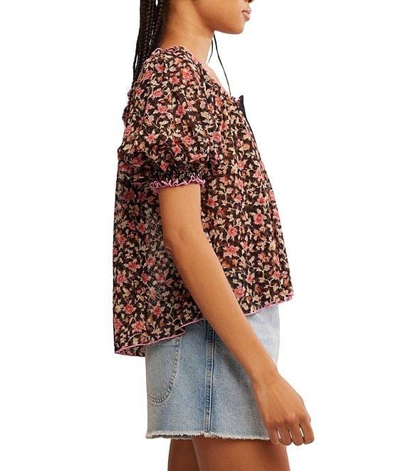 Free People Astra Peasant Floral Print Scoop Neck Short Puffed Sleeve Knit Top Product Image