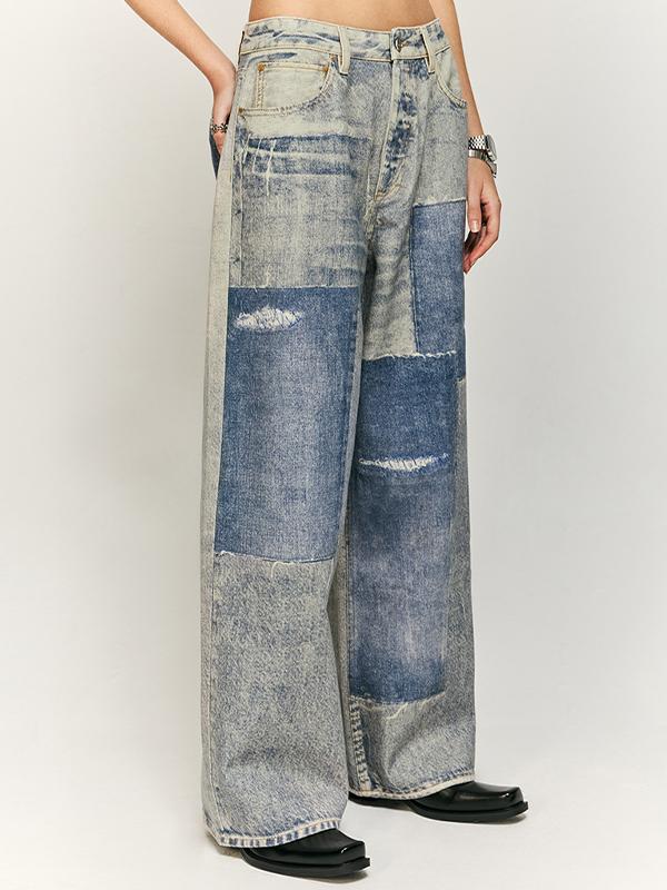 Retro Distressed Patchwork Printed Jeans Product Image