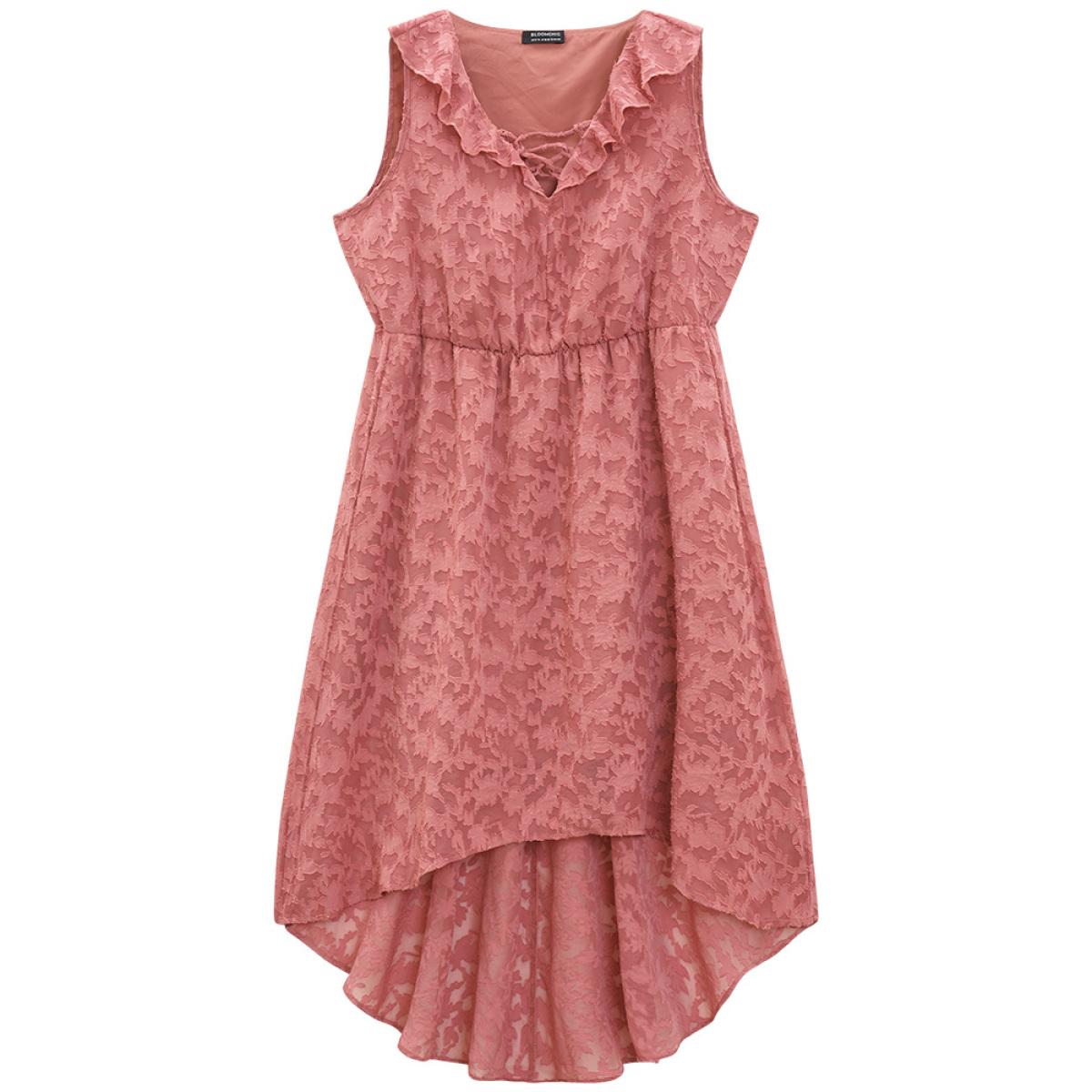 Plus Size Plain Ruffle Trim Pocket Tie Neck Lace Up Dress DustyPink Women Elegant Lined Tie Neck Sleeveless Curvy Midi Dress BloomChic 30/6X Product Image