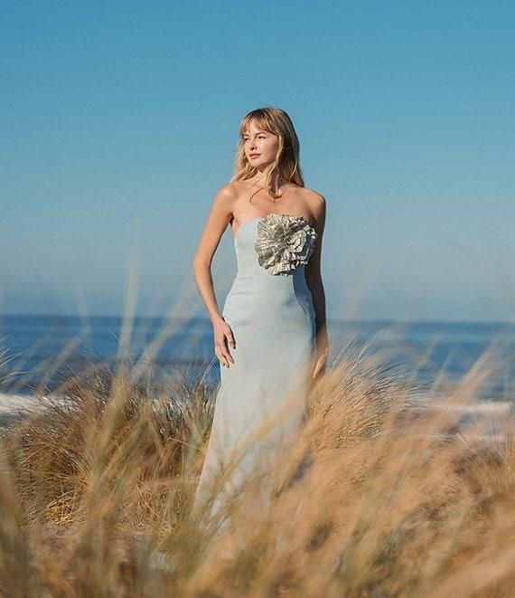 Mac Duggal Strapless 3D Rhinestone Flower Crepe Column Gown Product Image