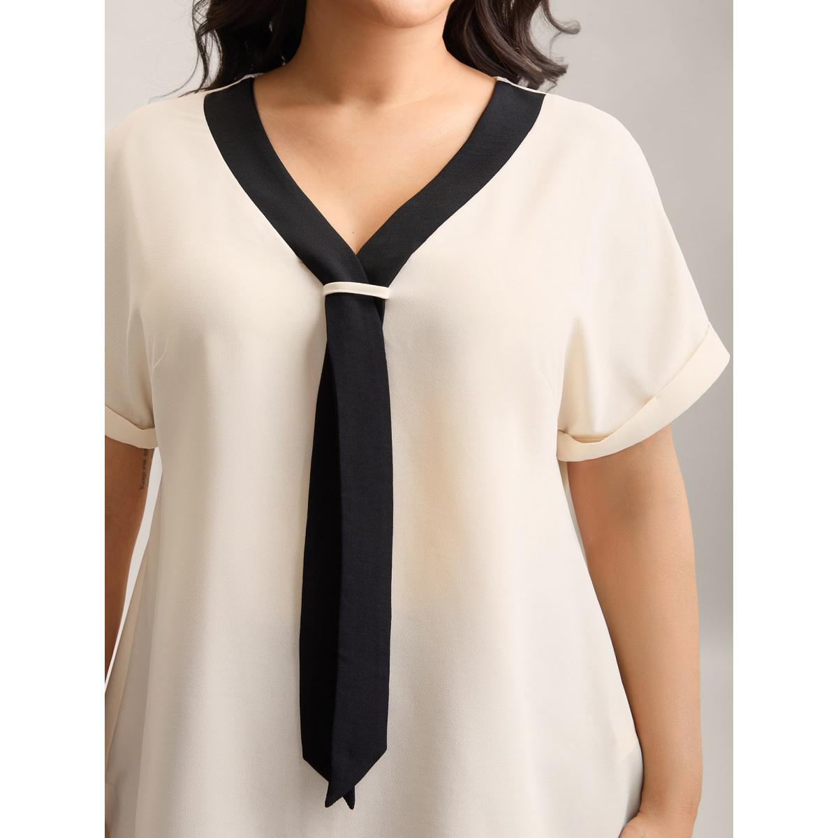 Plus Size Beige Collar Tie Color Contrast Blouse Women Office Short sleeve Ribbon-tied collar Office Blouses BloomChic 10/M Product Image