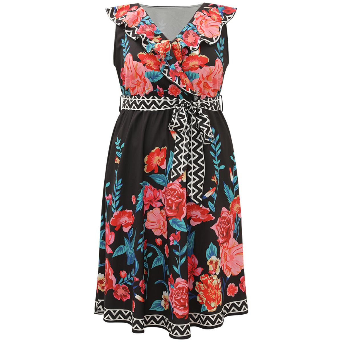 Plus Size Floral Print Surplice Neck Belted Tank Dress Black Women Vacation Belted V-neck Sleeveless Curvy Midi Dress BloomChic 30/6X Product Image