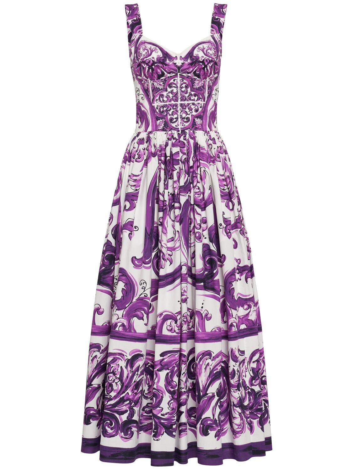 DOLCE & GABBANA Long Poplin Dress With Majolica Print In Purple Product Image