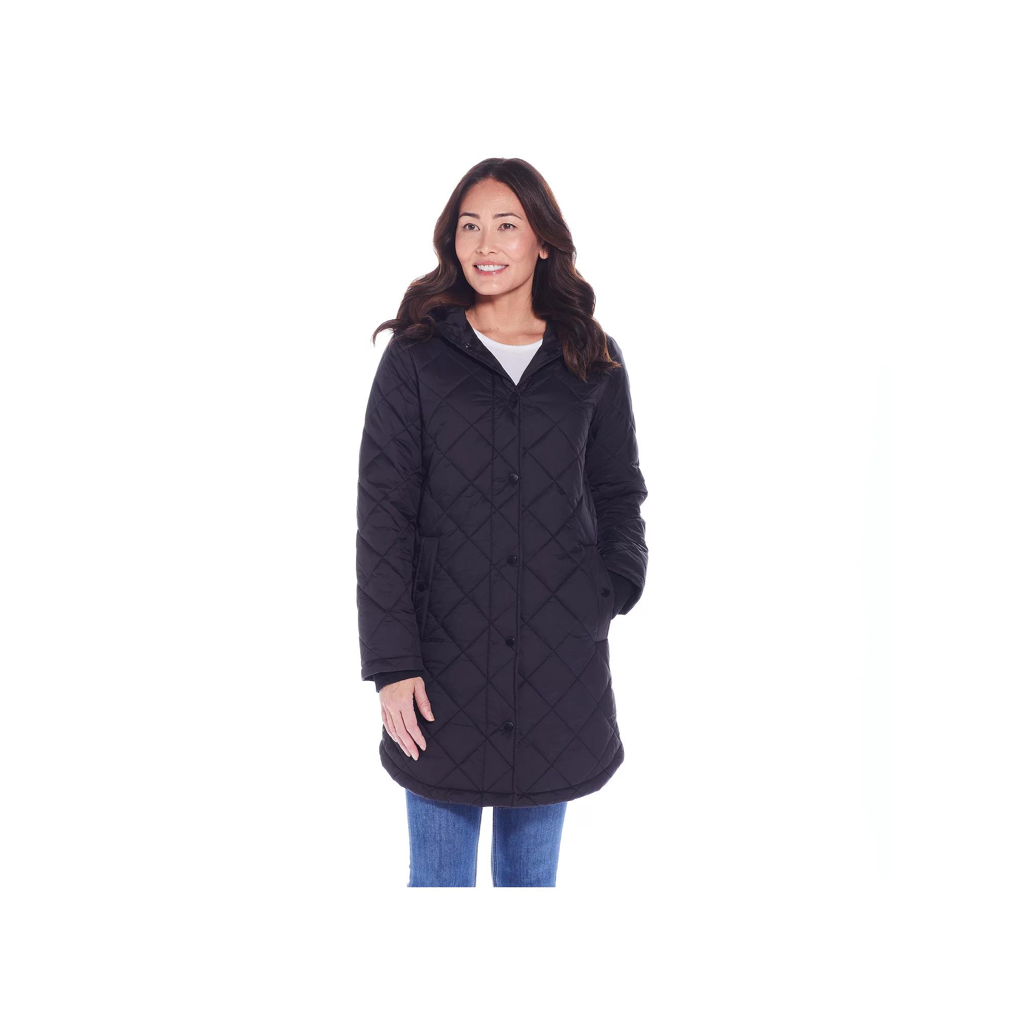 Women's Weathercast Hooded Diamond-Quilted Duffle Coat, Size: Medium, Black Product Image