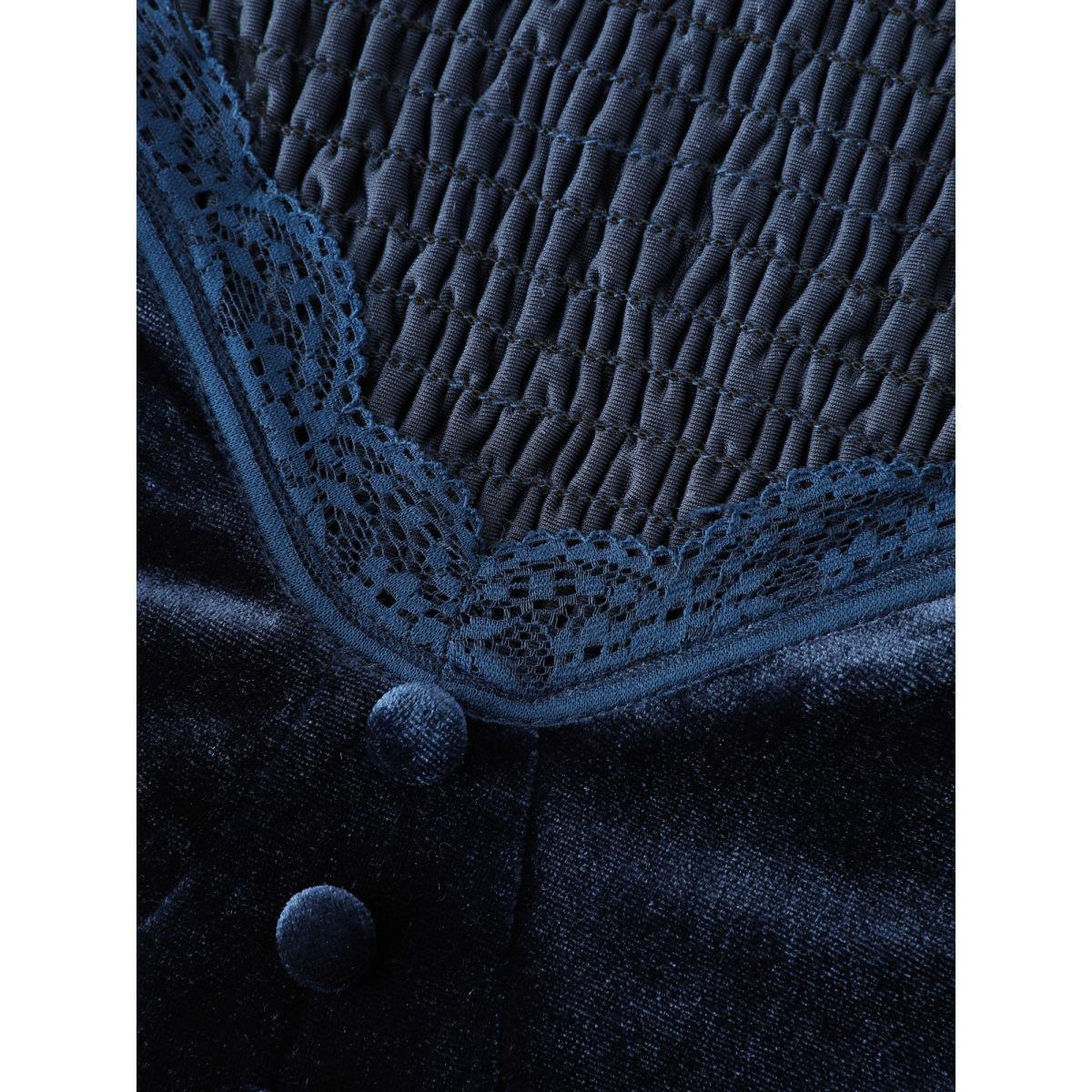 Plus Size Velvet Lace Trim Stitch Shirred Midi Dress Indigo Women Retro Gathered Square Neck Long Sleeve Curvy BloomChic 30/6X Product Image