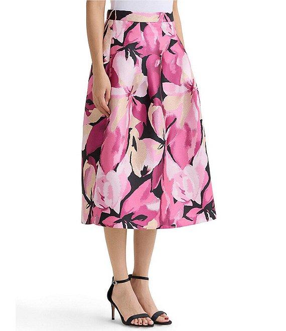 Ming Wang x Family Savvy Coordinating Shimmer Lined Floral Jacquard Flared Midi Skirt Product Image