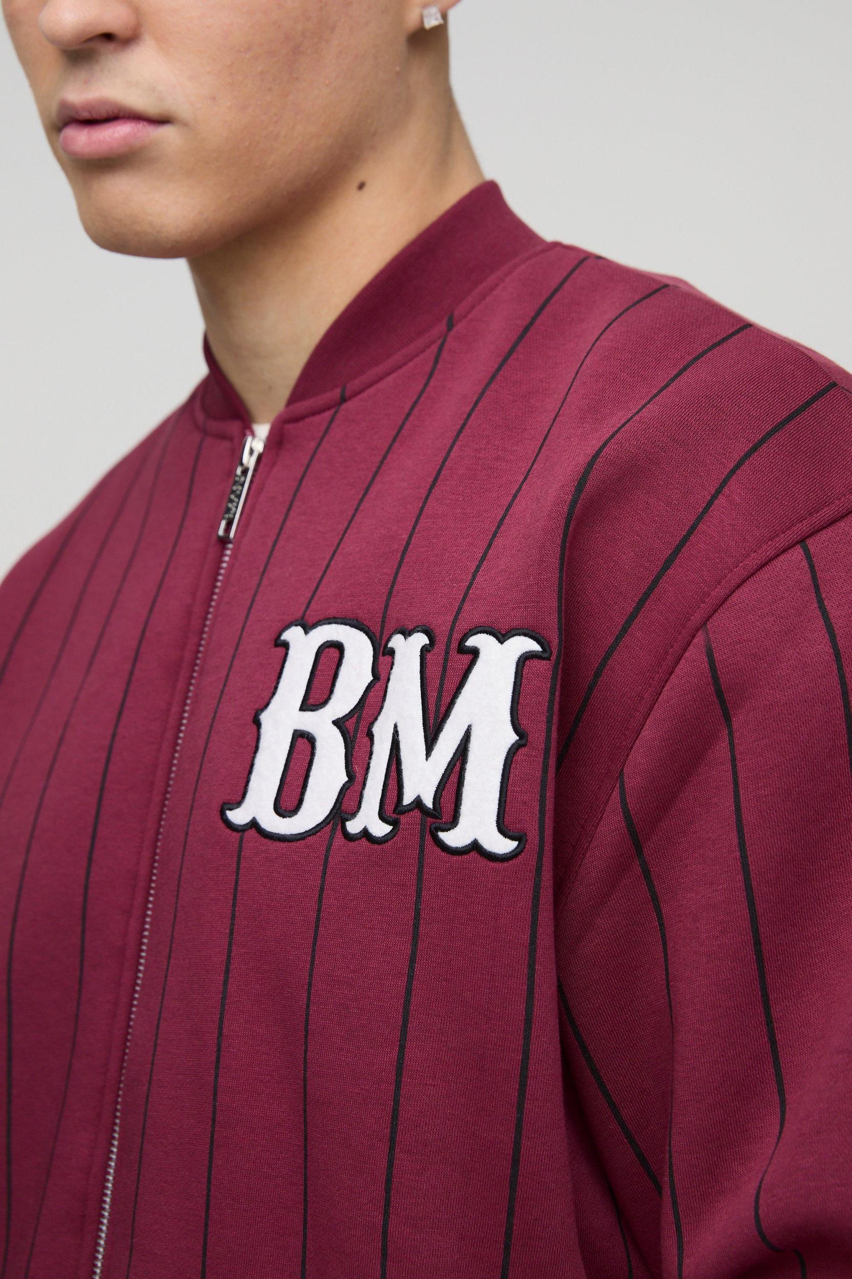 Oversized BM Pinstripe Jersey Bomber Jacket | boohooMAN USA Product Image