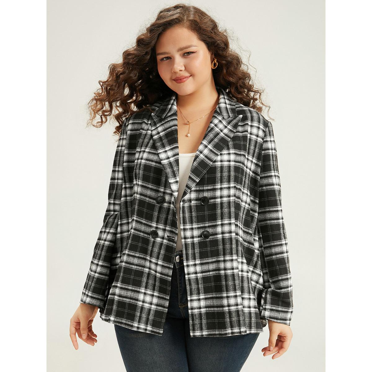 Plus Size Plaid Suit Collar Button Fly Blazer Black Women Work Plaid Contrast Sleeve Long Sleeve Suit Collar 26/4X Office Blazers BloomChic Product Image