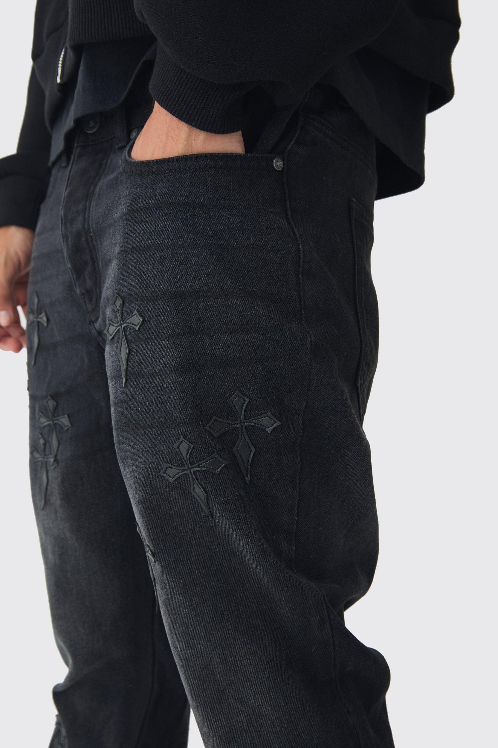 Slim Rigid Flare Washed Denim Cross Applique Jeans | boohooMAN USA Product Image