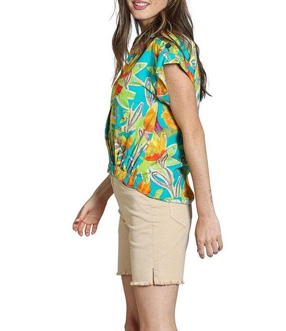 APNY Woven Printed Split V-Neck Short Sleeve Blouse Product Image