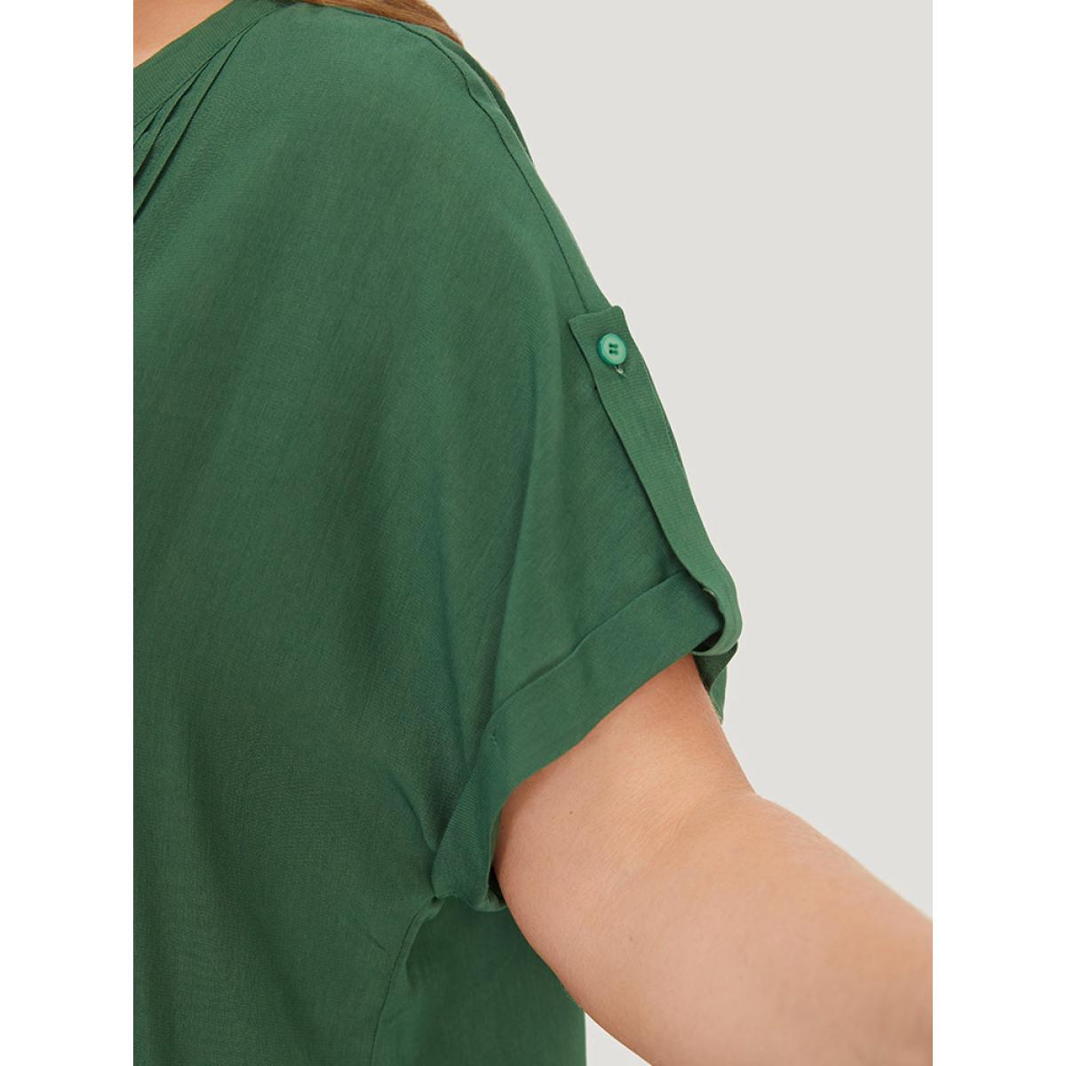 Plus Size ArmyGreen Solid Cuffed Sleeve Pleated Notched Blouse Women Elegant Short sleeve Notched collar Dailywear Blouses BloomChic 14-16/1X Product Image