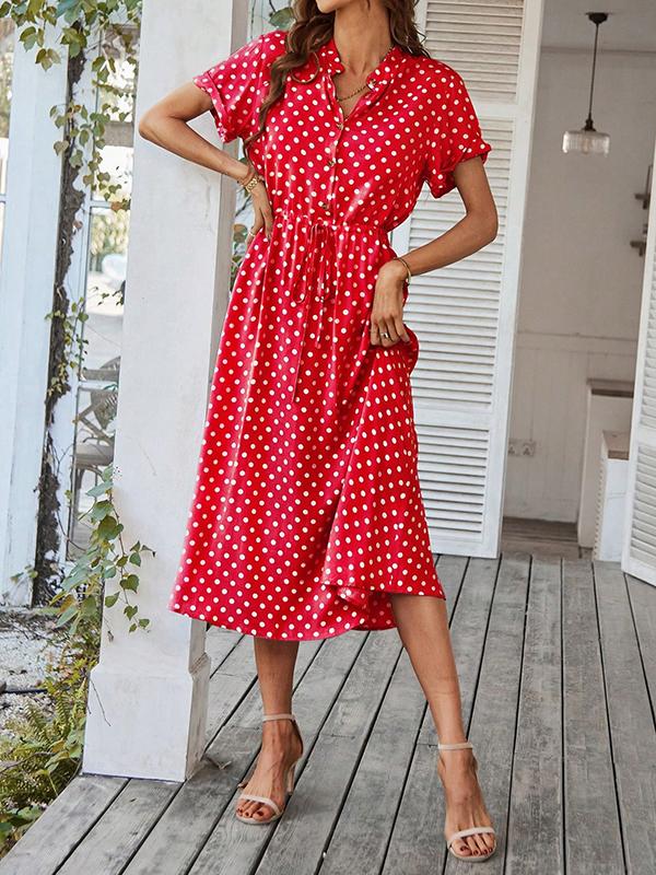 A-Line High Waisted Buttoned Drawstring Polka-Dot V-Neck Midi Dresses Product Image