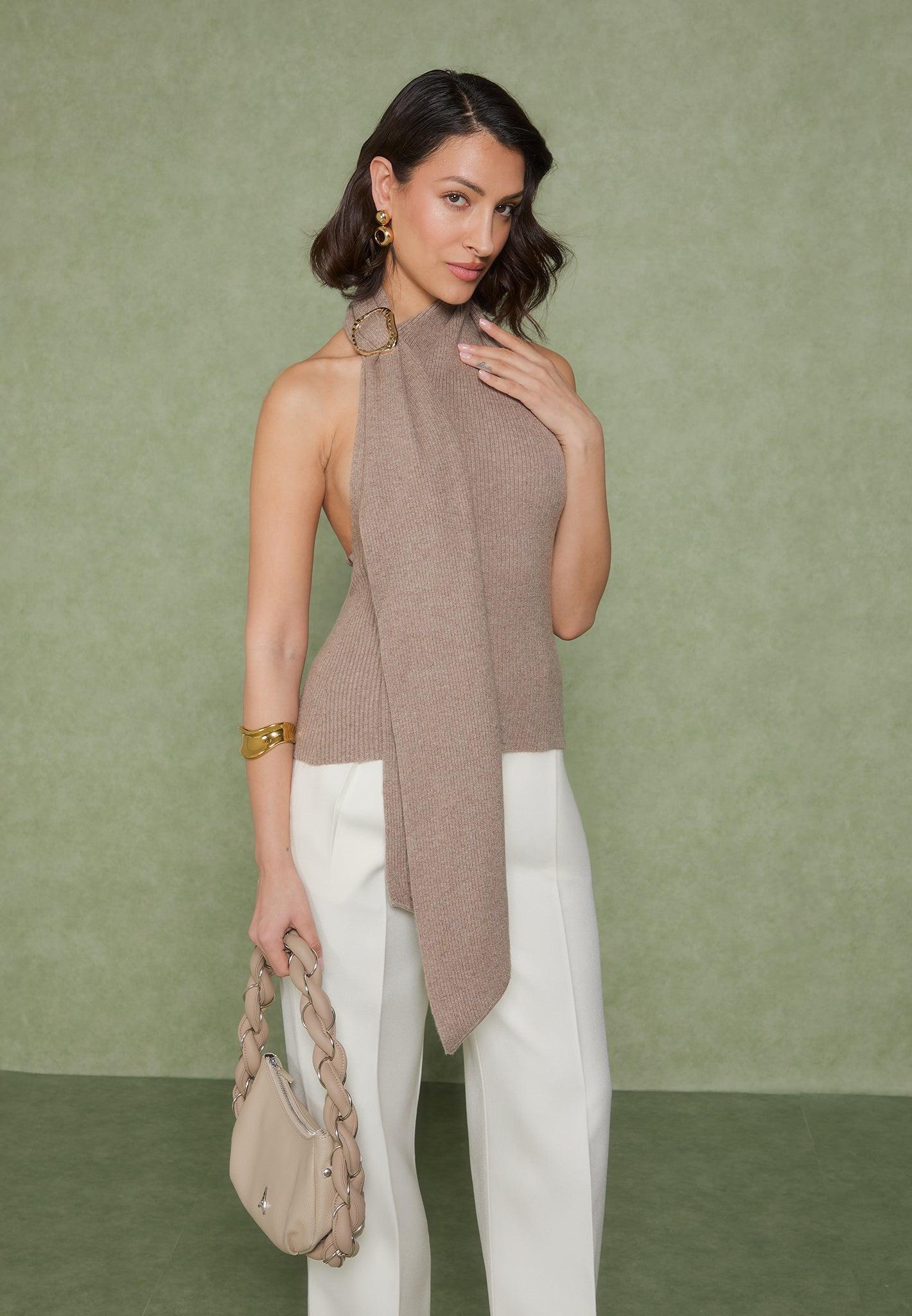 Elodie - Knitted Draped Halterneck Top - Taupe Female Product Image