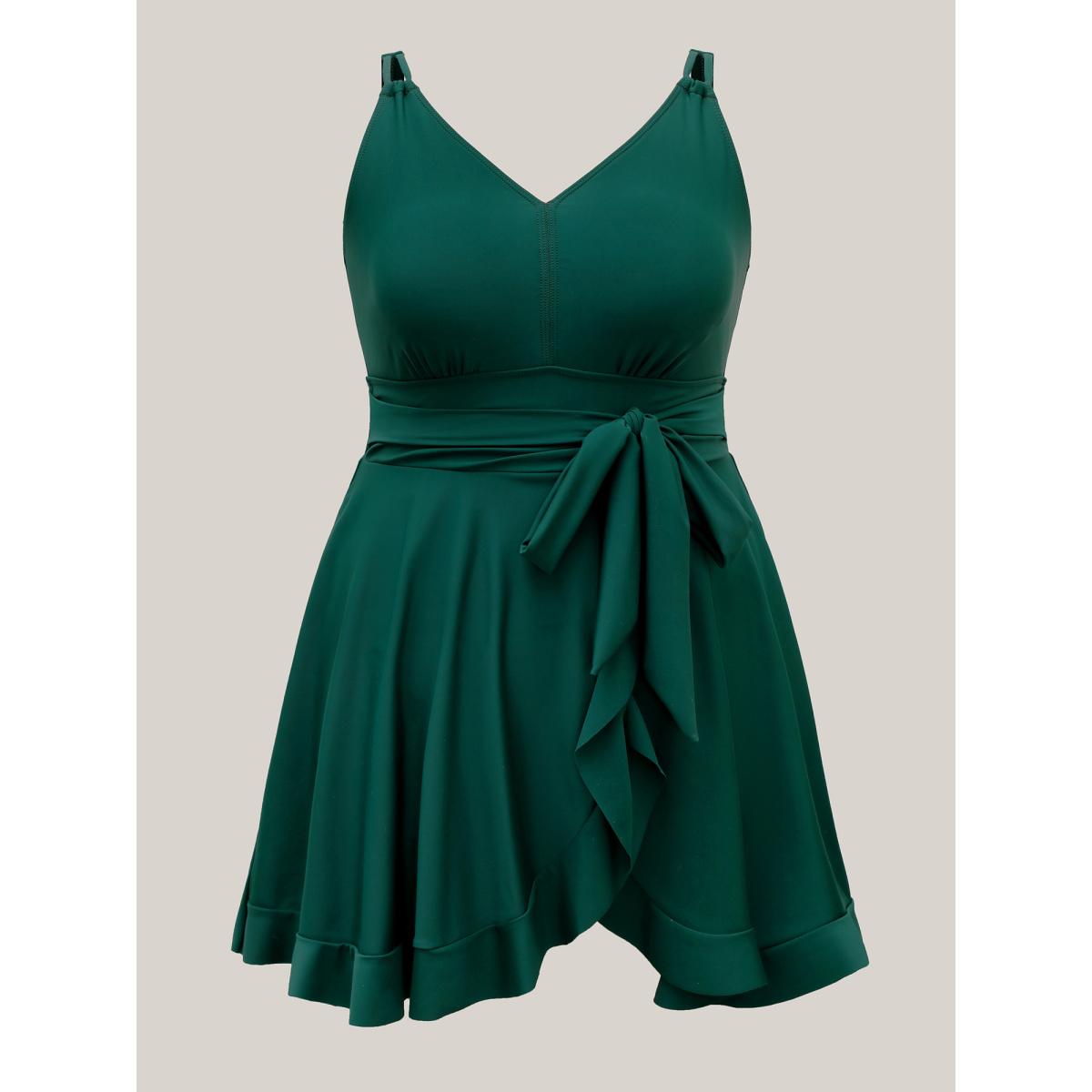 Plus Size Flared Hem Tied Adjustable Swim Dress Women's Swimwear DarkGreen Resort Bodycon V-neck High stretch Curve Swim Dresses BloomChic 28/5X Product Image