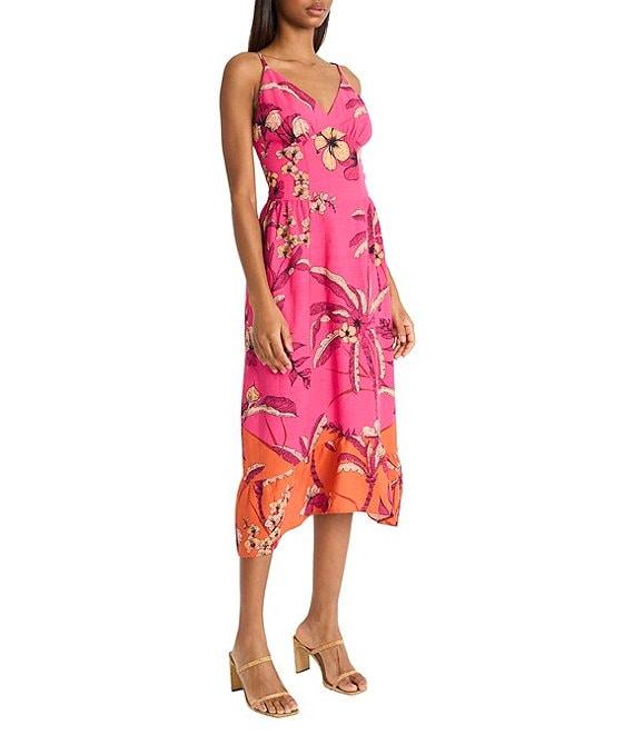 Donna Morgan V-neck Sleeveless Asymmetrical Hem Tropical Print Linen Blend Midi Dress Product Image