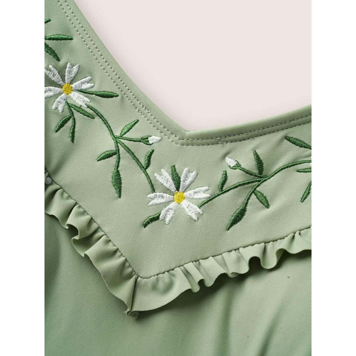 Plus Size Floral Embroidered Frill Trim Tie knot Swim Dress Women's Swimwear Palemauve Beach Bodycon Heart neckline High stretch Curve Swim Dresses BloomChic 22-24/3X Product Image