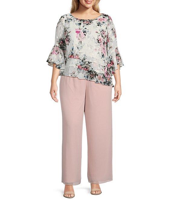 Alex Evenings Plus Size 3/4 Bell Sleeve Crew Neck Triple Tier Asymmetrical Hem Floral Chiffon Blouse Product Image