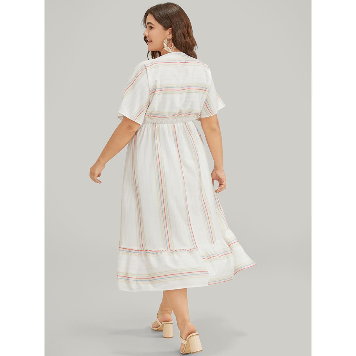 Plus Size Striped Contrast Flutter Hem Dolman Sleeve Pocket Split Wrap Dress Ivory Women Vacation Contrast V-neck Short sleeve Curvy Midi Dress BloomChic 28/5X Product Image