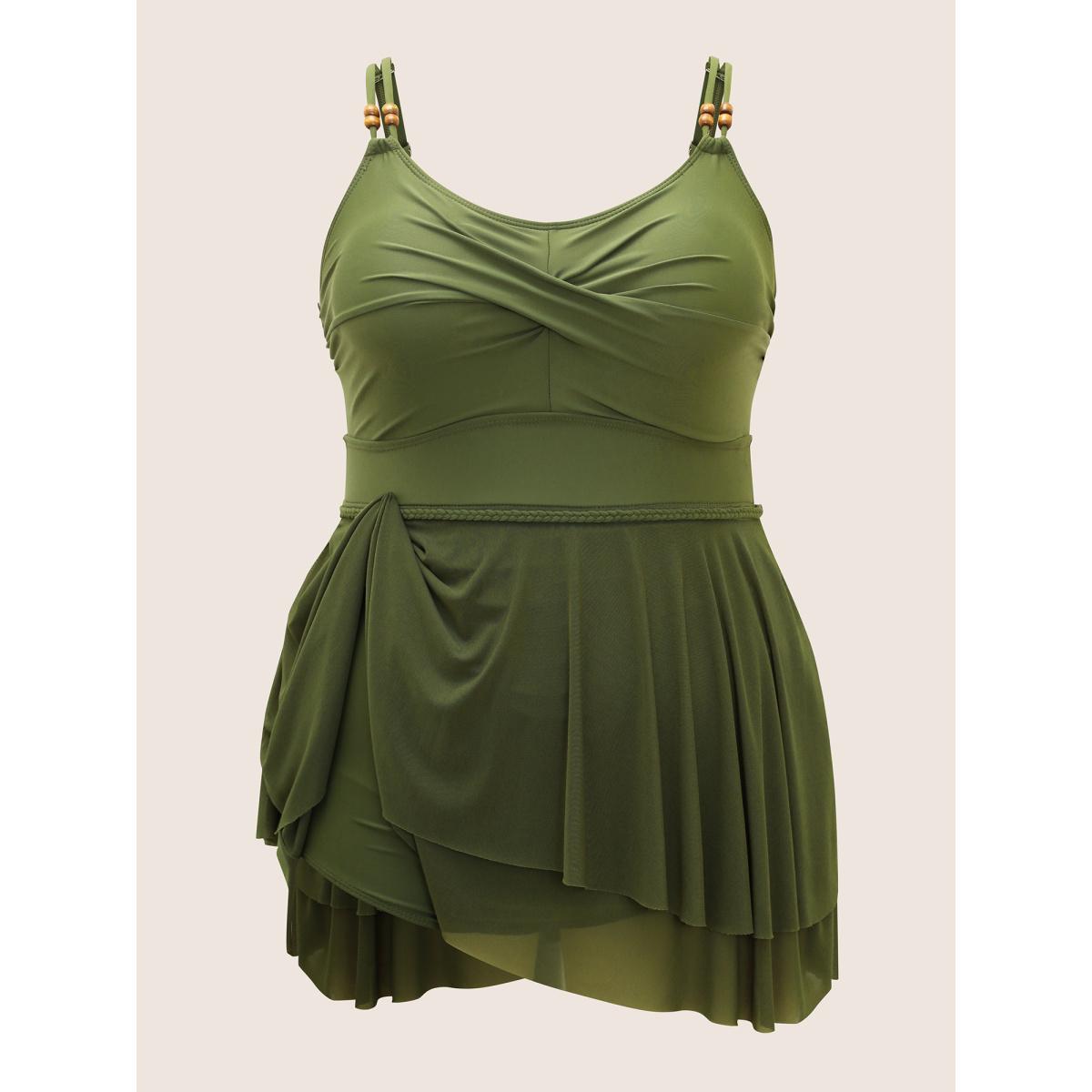 Plus Size Solid Twist Front Tiered Hem Swim Dress Women's Swimwear ArmyGreen Beach Bodycon U-neck High stretch Curve Swim Dresses BloomChic 28/5X Product Image
