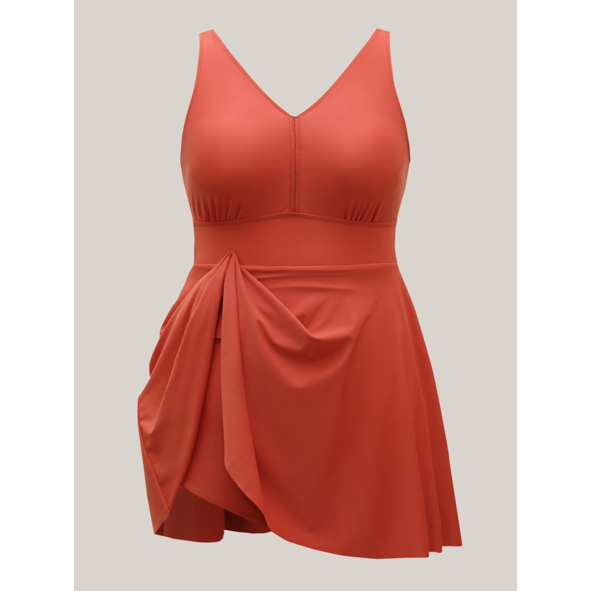 Plus Size Sewn-in-Belt Bow Pockets Swim Dress Women's Swimwear Salmon Beach Bodycon V-neck High stretch Curve Swim Dresses BloomChic 28/5X Product Image