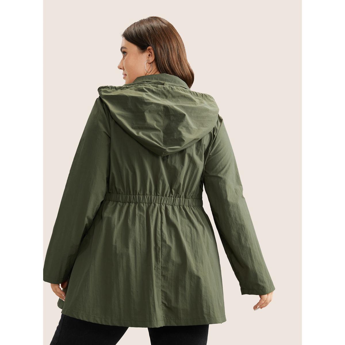 Plus Size Plain Hooded Drawstring Gathered Zipper Jacket Women ArmyGreen Non Patch pocket Everyday Jackets BloomChic 14-16/1X Product Image