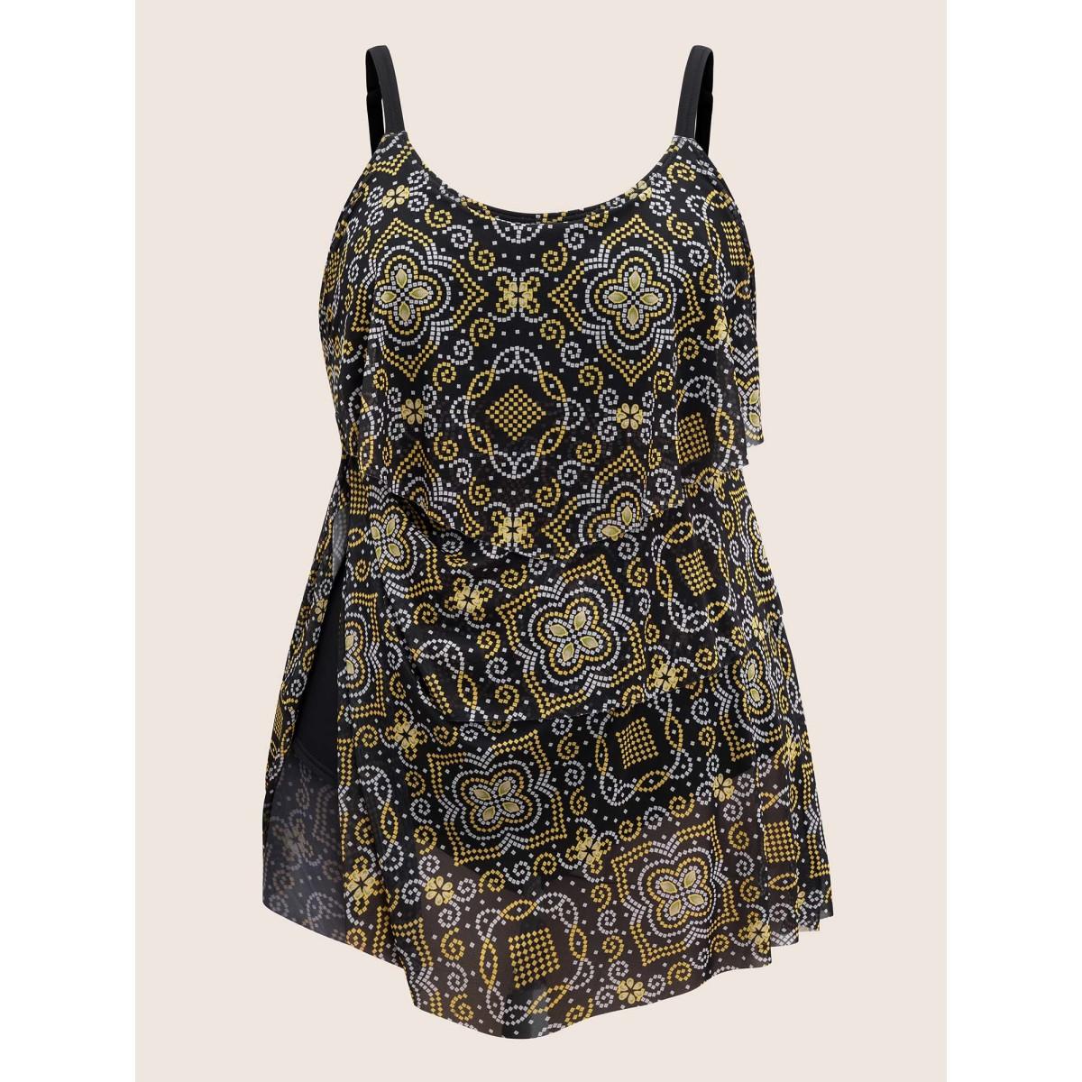 Plus Size Moroccan Print Mesh Adjustable Straps Swim Dress Women's Swimwear Black Beach Bodycon U-neck High stretch Curve Swim Dresses BloomChic 28/5X Product Image