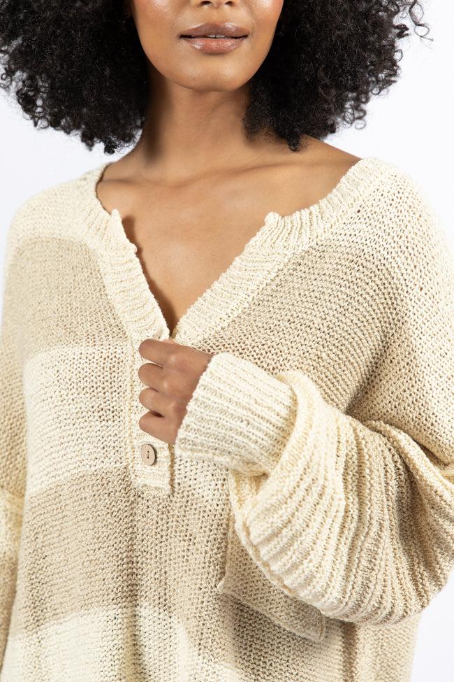Know You Best Beige Oversized Striped Henley Sweater Product Image