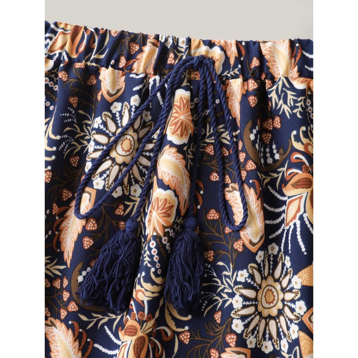 Plus Size Boho Print Tiered A-Line Maxi Skirt Women DarkBlue Loose No stretch Side seam pocket Vacation Skirts BloomChic 18-20/2X Product Image