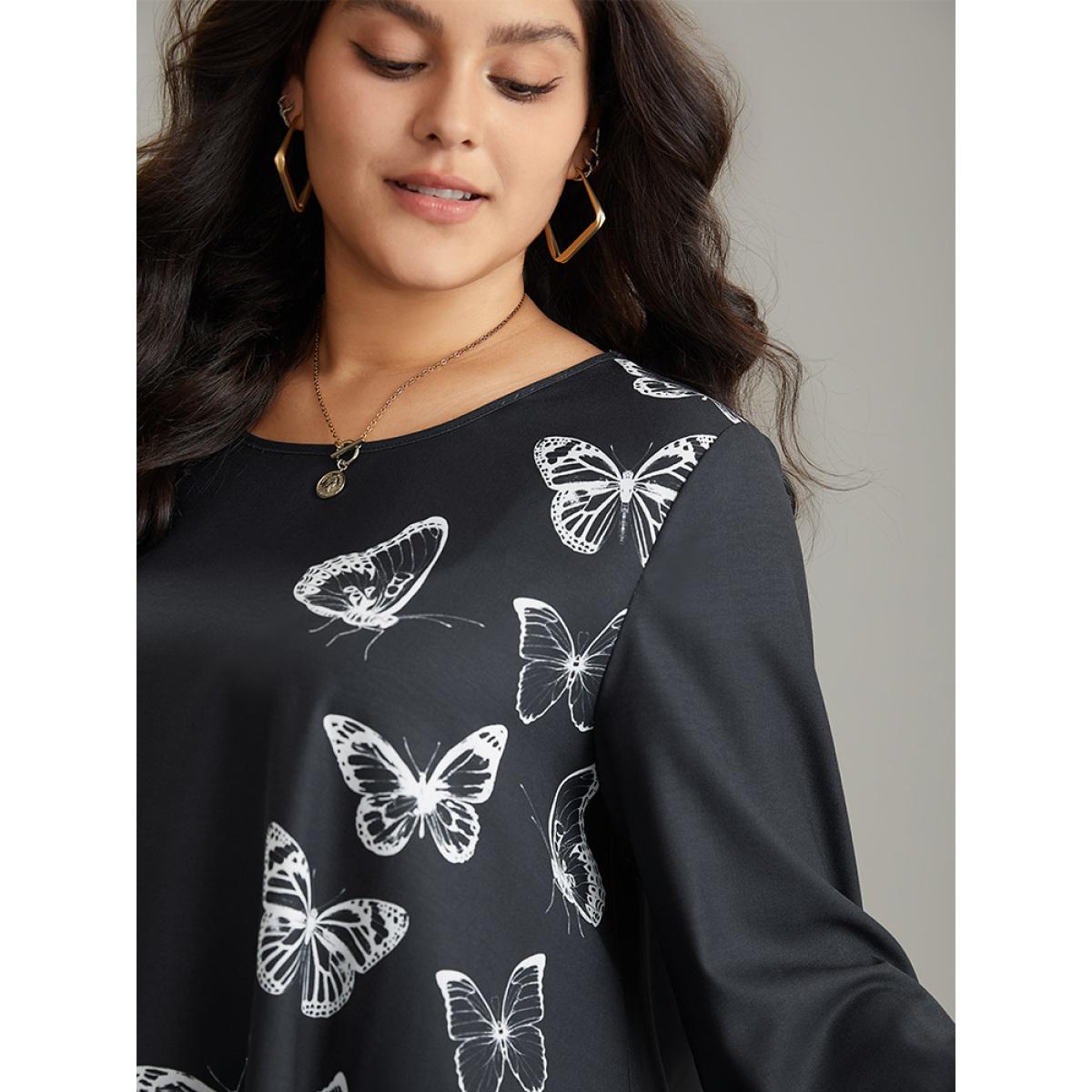 Plus Size Black Butterfly Crew Neck Lantern Sleeve Hanky Hem Blouse Women Elegant Long Sleeve Round Neck Office Blouses BloomChic 28/5X Product Image