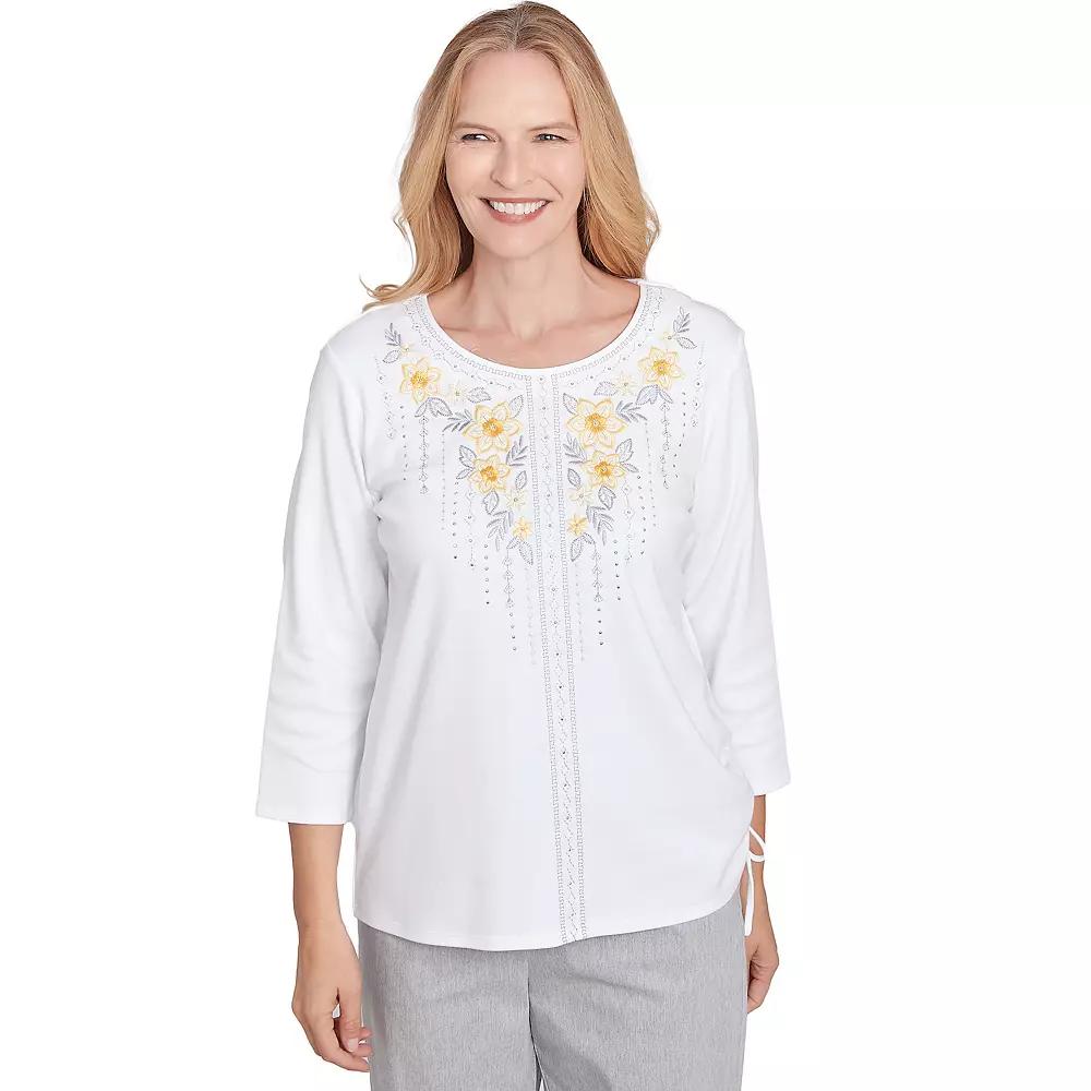 Petite Alfred Dunner Linear Knit Floral Embroidered Crewneck Top, Women's, Size: XL Petite, White Product Image