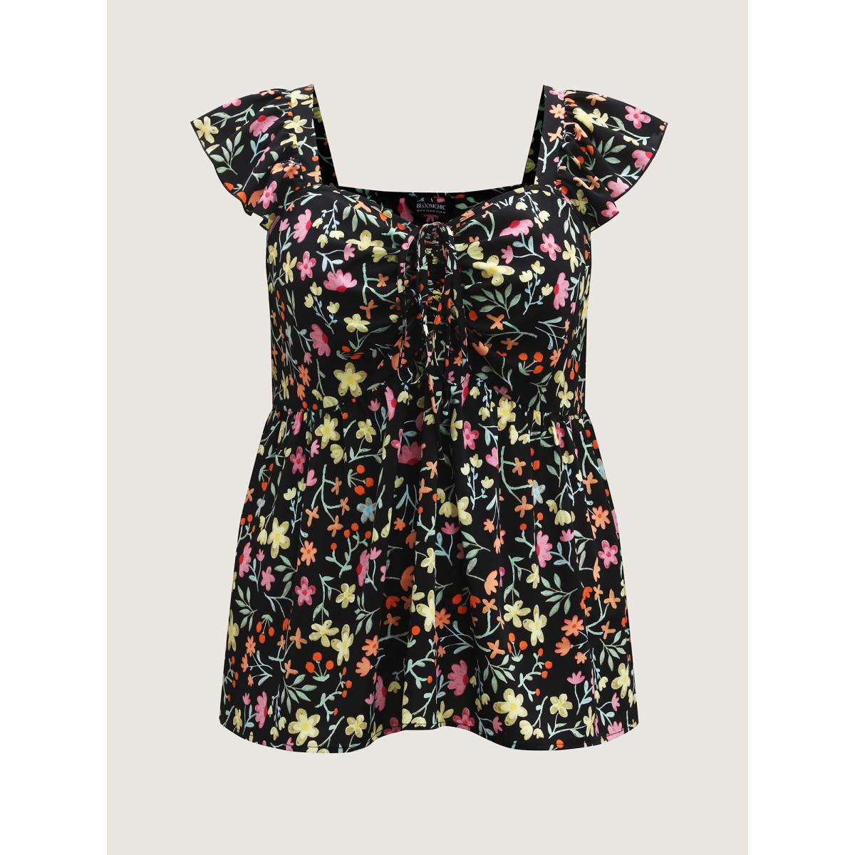 Plus Size Floral Ruched Bodice Sweetheart Tank Top Women Black Gathered Square Neck Everyday-Elegant Tank Tops Camis BloomChic 14-16/1X Product Image