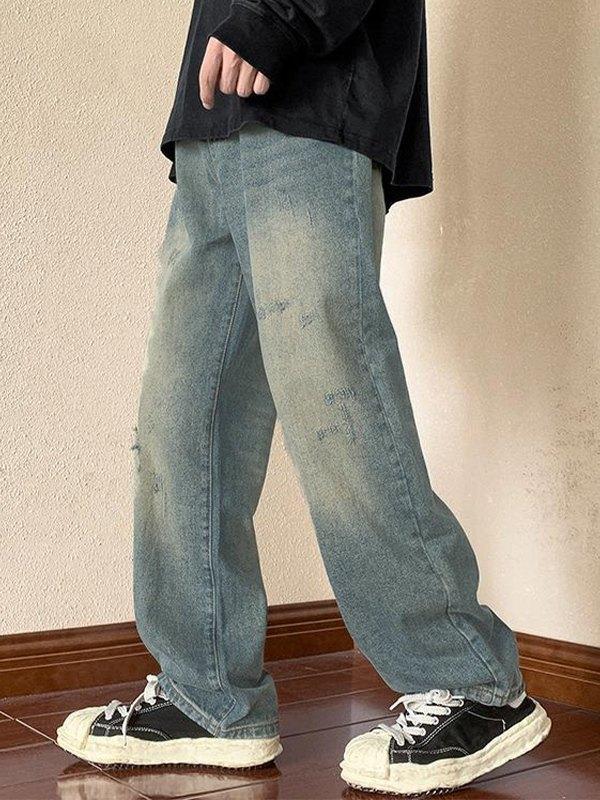 Men's Vintage Distressed Denim Loose Jeans Product Image