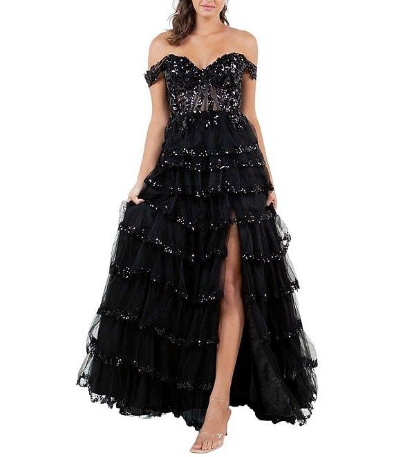 Cinderella Couture Off-The-Shoulder Sequin Beaded Bodice Tiered Tulle Ruffled A-Line Gown Product Image