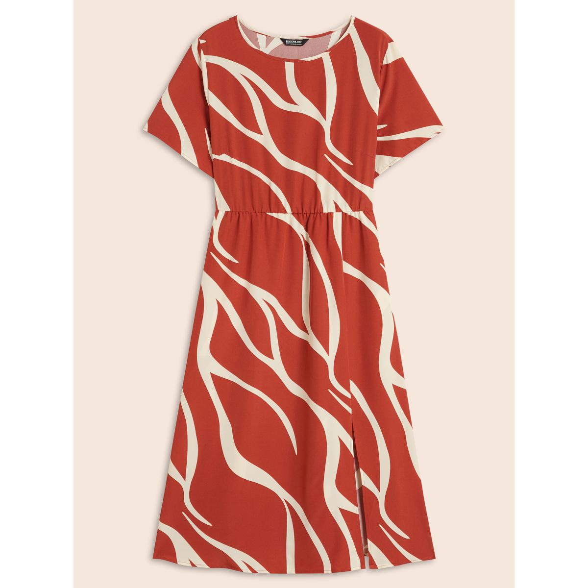 Plus Size Geometric Split Hem Midi Dress OrangeRed Women Workwear Essentials Non Round Neck Short sleeve Curvy BloomChic 30/6X Product Image