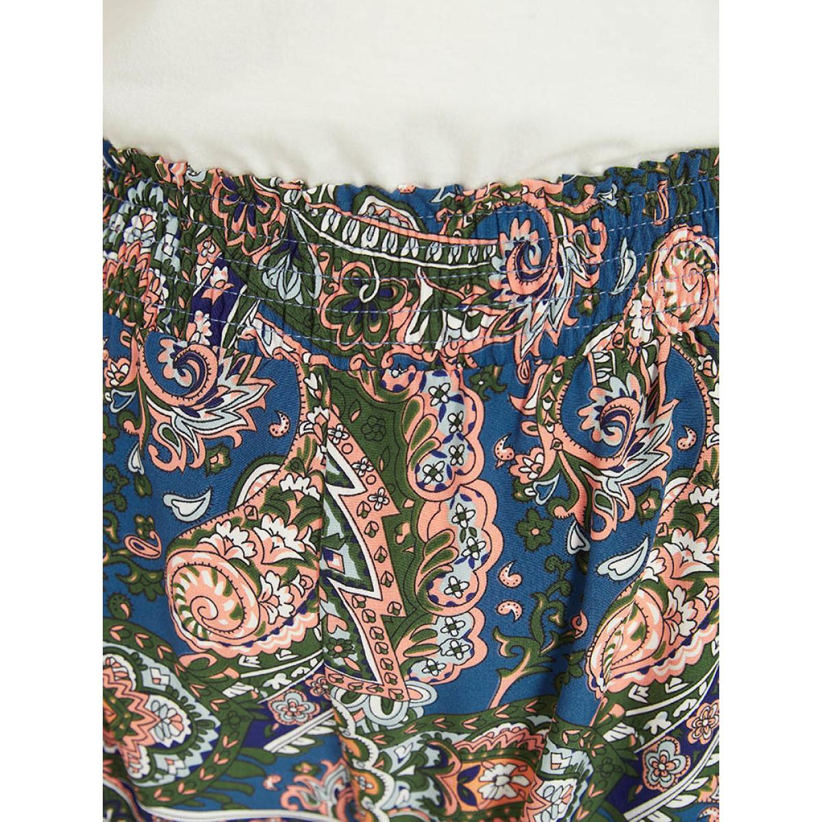 Plus Size Paisley Print Shirred Pocket Elastic Waist Pants Women Indigo Elegant High Rise Dailywear Pants BloomChic 12/L Product Image