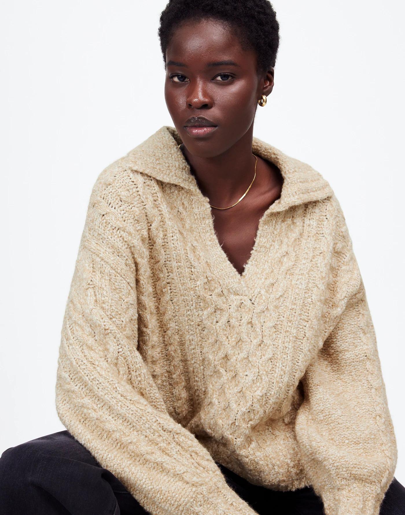 Cotton-Merino Wool Blend Cable-Knit Sweater Product Image