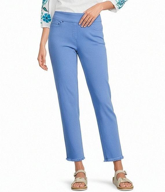 Multiples Solid Garment Dyed Straight Leg Fringe Hem Pull-On Ankle Pants Product Image