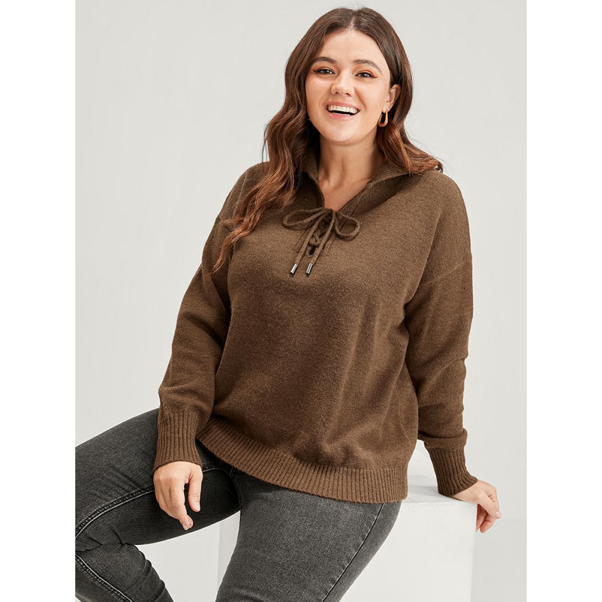 Plus Size Solid Super Soft Plush Knit Lace Up Knit Top Bronze Women Casual Loose Long Sleeve Lapel Collar Dailywear Pullovers BloomChic 22-24/3X Product Image