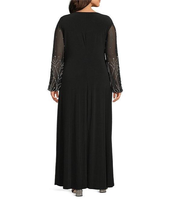 Marina Plus Size Mesh Beaded Puff Long Sleeve Gown Product Image