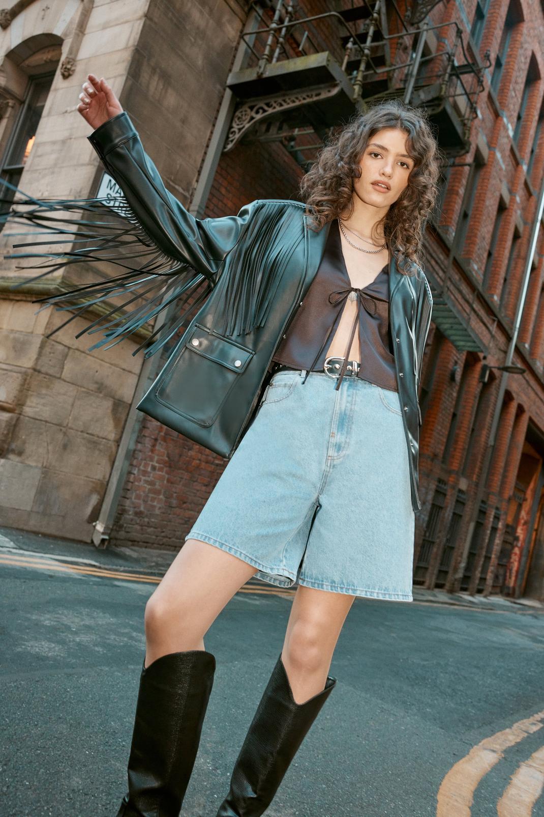 Fringe Faux Leather Belted Jacket Product Image