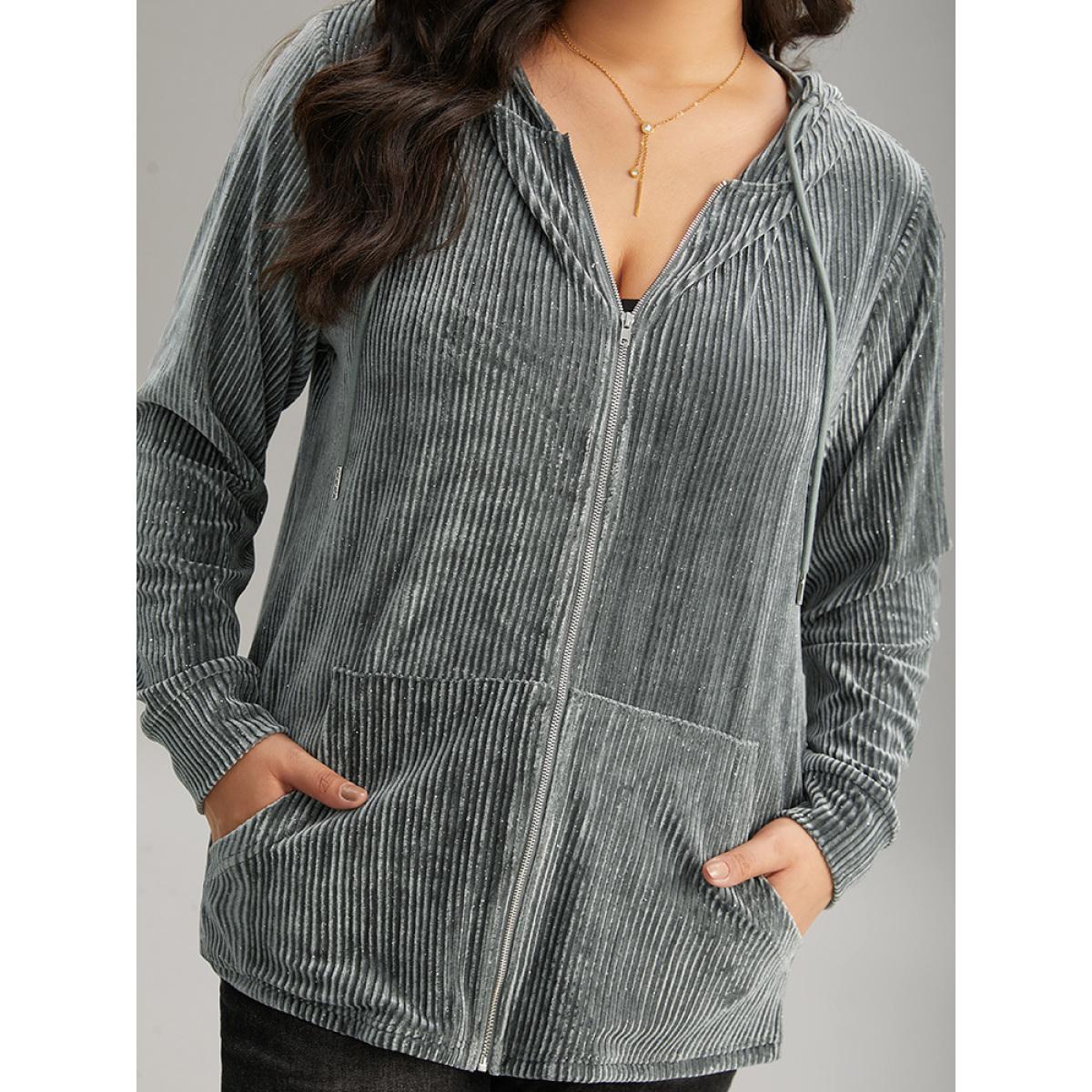 Plus Size Glitter Zipper Pocket Hooded Corduroy Sweatshirt Women SlateGray Casual Velvet Hooded Dailywear Sweatshirts BloomChic 26/4X Product Image